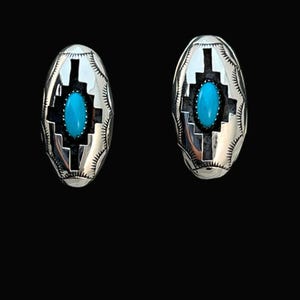 oval concho shadowbox post stud earrings, sterling silver turquoise Felix Perry