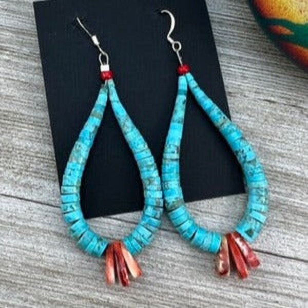 Kingman turquoise jacla earrings, Kewa, Santa Domingo LUPE LOVATO, handmade rolled heishi,