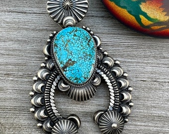 Outstanding High Grade Kingman spiderweb turquoise Pendant, sterling silver, Navajo handmade, Delbert Gordon, signed