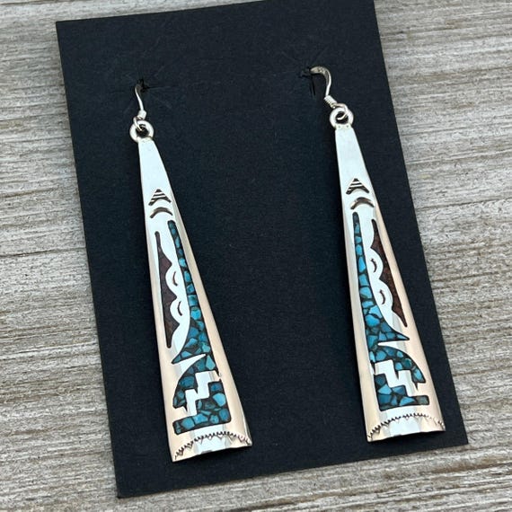 Turquoise Coral Chip Inlay Long Earrings Navajo Handmade Signed