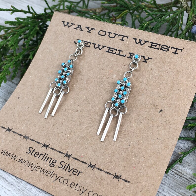 Southwest snake eye jewelry boho dangle fringe earrings made in USA Sterling silver dainty Zuni turquoise dot earrings