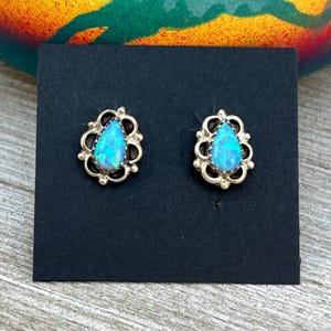 Blue Opal Small Teardrop Stud Earrings, Sterling silver
