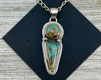 Green Royston Turquoise Pendant 3, Sterling Silver, 18” necklace, Navajo handmade by Lyle Piaso, signed