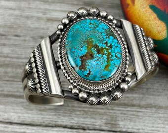 6 5/8" , Kingman spiderweb turquoise, cuff bracelet, Navajo handmade signed, Tom Lewis sterling silver, statement