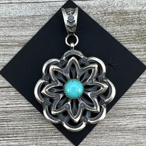 Tufa Cast Flower Pendant 1, Blue Kingman Turqouise, sterling silver, Navajo handmade by Kevin Billah, signed