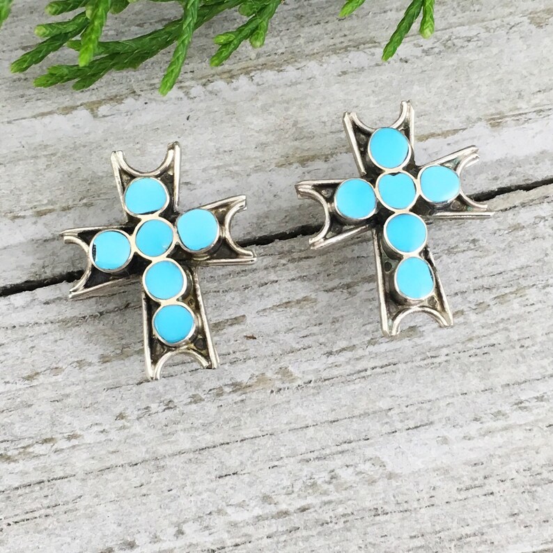 Turquoise Cross Earrings Sterling Silver VINCENT ABEITA Inlay turquoise dishta style southwest jewelry