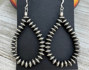 Sterling silver Southwest Pearls Earrings, Hoop Earrings by Louise Joe, Navajo silver Saucer rondelle Beads