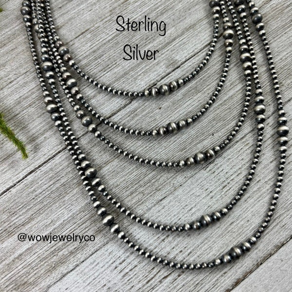 3mm - 6mm abgestufte Sterling Silber Kugelkette, oxidiertes Silber, klassischer westlicher Schmuck, kleine Perlen, Perlen aus dem Südwesten