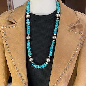 29” long blue turquoise bead nuggets necklace 2, sterling silver handmade Navajo pearls