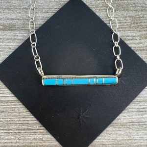 Skinny Turquoise inlay bar necklace 1, Zuni handmade inlayed inlaid signed