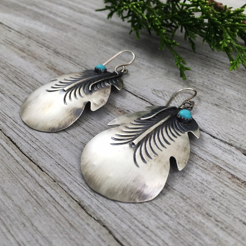 Navajo Turquoise Feather Earrings Sterling Silver Southwest Jewelry Signed Native American TIM YAZZIE