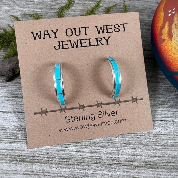 Skinny small turquoise inlay hoop earrings, Zuni handmade Gloria Waseta sterling silver