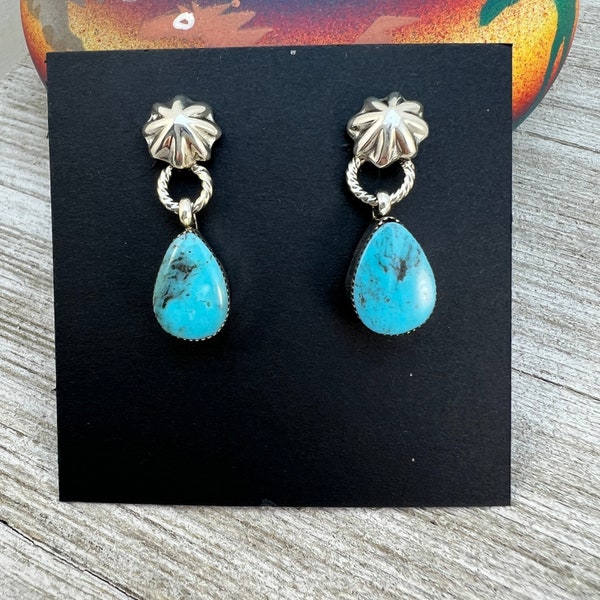 Turquoise teardrop dangle earrings 1 with small concho button post, sterling silver, Kingman Turquoise, Navajo handmade by Sheena Jack