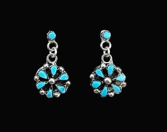 Small Zuni Petit point turquoise dangle cluster earrings, sterling silver turquoise Tricia Leekity