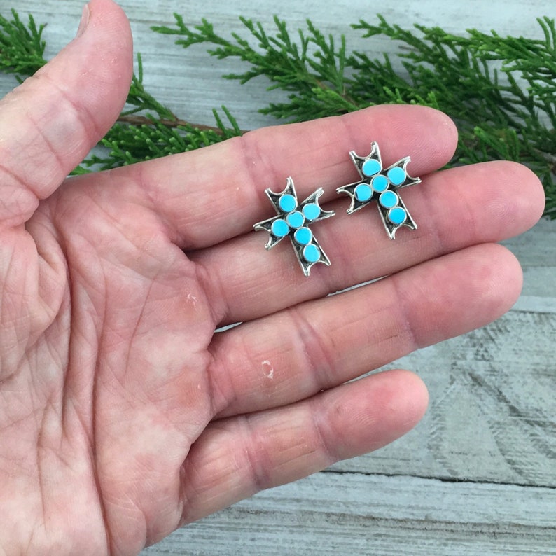 Turquoise Cross Earrings Sterling Silver VINCENT ABEITA Inlay turquoise dishta style southwest jewelry