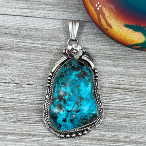 XL extra large, Blue Kingman turquoise pendant 6, Navajo handmade Rita Long, sterling silver, signed