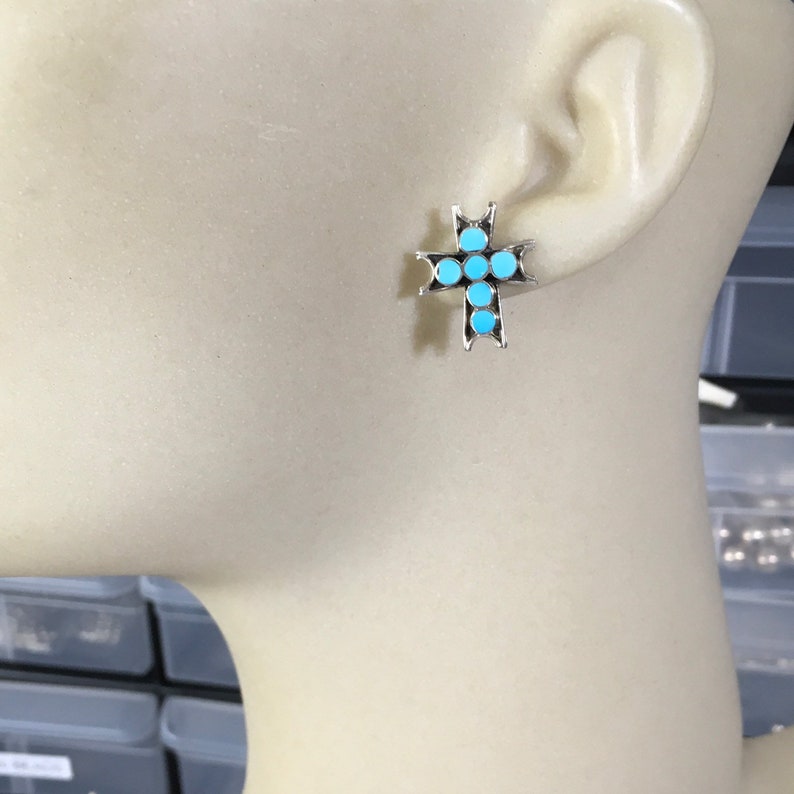 Turquoise Cross Earrings Sterling Silver VINCENT ABEITA Inlay turquoise dishta style southwest jewelry