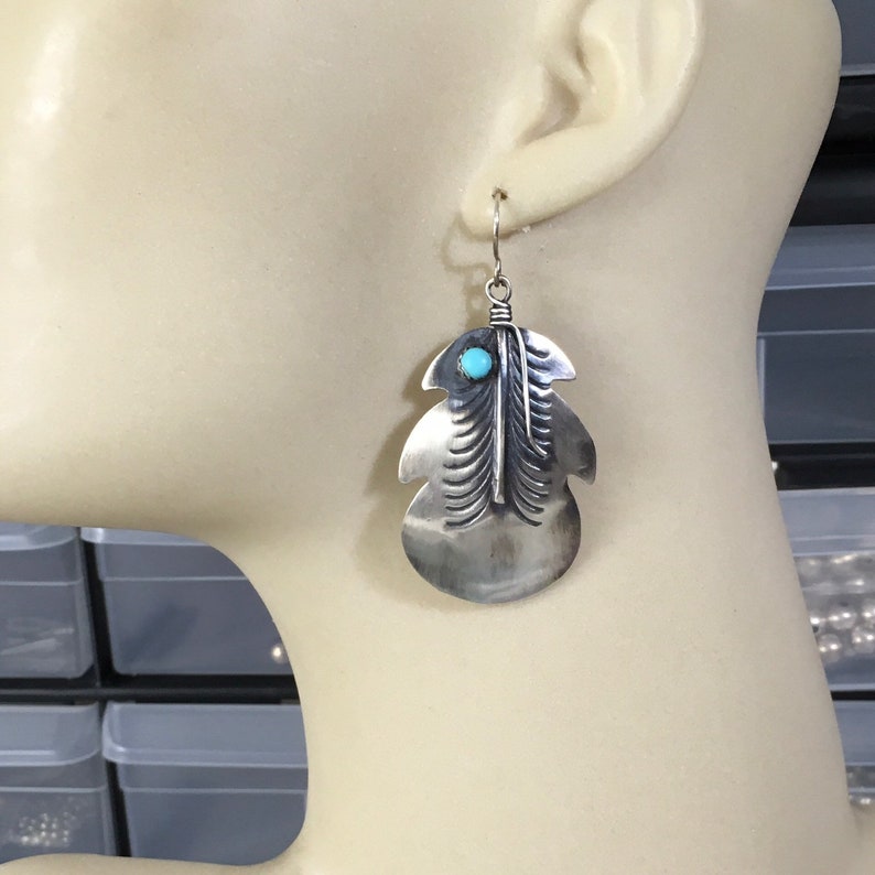 Navajo Turquoise Feather Earrings Sterling Silver Southwest Jewelry Signed Native American TIM YAZZIE