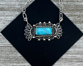Blue Kingman turquoise rectangle bar 19" necklace 3, Navajo handmade, sterling silver signed Jimison Belin
