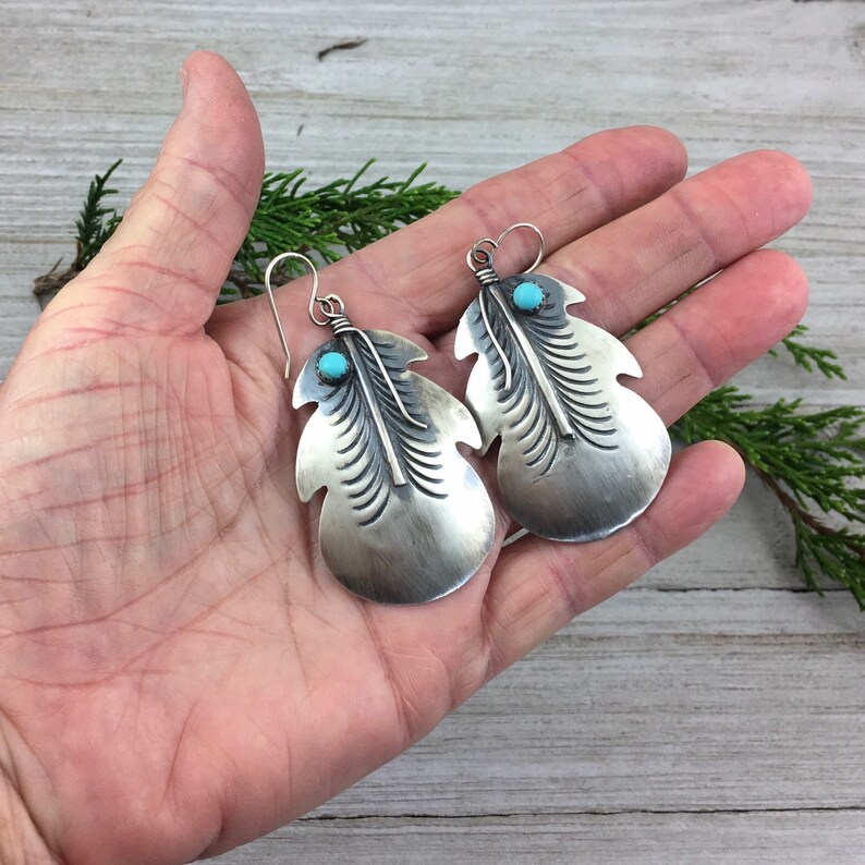 Navajo Turquoise Feather Earrings Sterling Silver Southwest Jewelry Signed Native American TIM YAZZIE