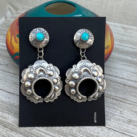 Horseshoe Design Kingman Turquoise Earrings Sterling Silver - Handmade Horseshoe Design Kingman Turquoise Earrings Sterling Silver - Handmade