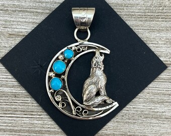 Howling Wolf Coyote moon pendant 3, Campitos turquoise, sterling silver, Navajo handmade, Jennifer Cayaditto, signed, men women