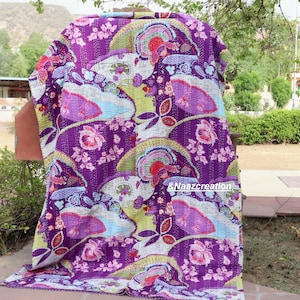 Floral Printed Indian California king Size Kantha Bedspread Kantha Quilt Kantha Blanket Kantha Throw Cotton Kantha Quilt Decor
