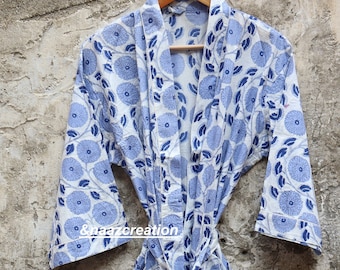 Indigo Print Lange Katoenen Strand Kimono Handgemaakte Cover Up Badjas