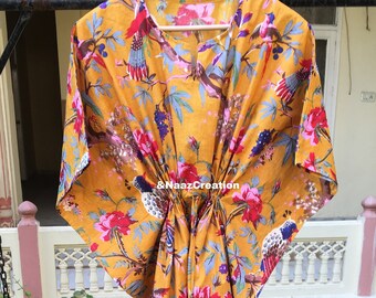 Bird Print hand block Women Kaftan, 100% cotton light weight summer Kaftan, beach wear dress, long maxi Gown nightwear