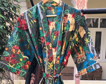 Longue frida khalo coton imprimé kimono Design Boho Boho vêtements de nuit Robes de bain vêtements de nuit robe de chambre plage Bikini été