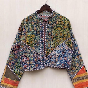 Reversible Kantha Quilt Jacket: Vintage Block Print, Bohemian Style