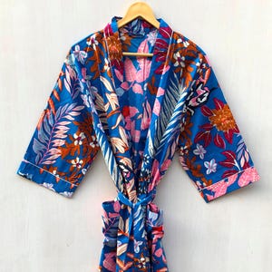 Cotton Kimono Robe Dressing Gown, Block Print Bridesmaid Robe, Summer Nightwear, One Size