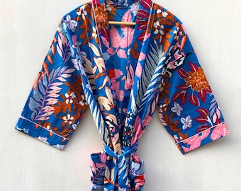 Vestaglia Kimono in cotone, vestaglia da damigella d'onore con stampa a blocchi, pigiama estivo, taglia unica