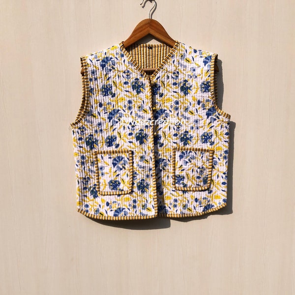 Sleeveless Hand Block cotton floral Jackets, Cotton Handmade Jacket Coat, Bohemian Style Jacket, Unisex Short Quilted jacket Gift for her.