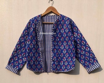 Indian Hand Block Print Fabric Quilted Jacket Short kimono Women Wear New Style white Flower Coat gift for her.