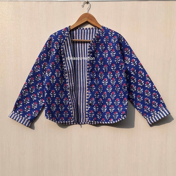 Indian Hand Block Print Fabric Quilted Jacket Short kimono Women Wear New Style white Flower Coat gift for her.