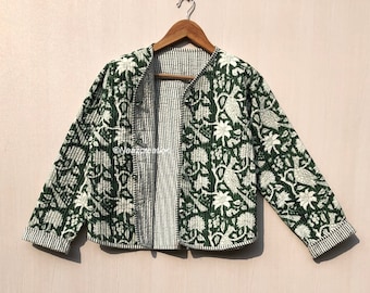 Indian Hand Block Print Fabric Quilted Jacket Short kimono Women Wear New Style white Flower Coat gift for her.