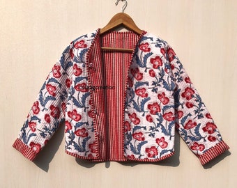 Chaqueta acolchada de algodón para mujer, estilo bohemio, con estampado de bloques, hecha a mano, ideal como regalo para las fiestas. Chaqueta con cierre de botones.