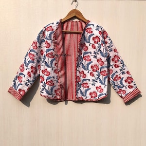 Baumwoll-Damen-Steppjacke, Blockdruck, Boho-Stil, gesteppte, handgefertigte Jacken, Mantel, Feiertage, Geschenke, Knopfschließerjacke für Frauen, Geschenke WITHSLEEVE