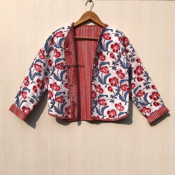 Baumwoll-Damen-Steppjacke, Blockdruck, Boho-Stil, gesteppte, handgefertigte Jacken, Mantel, Feiertage, Geschenke, Knopfschließerjacke für Frauen, Geschenke