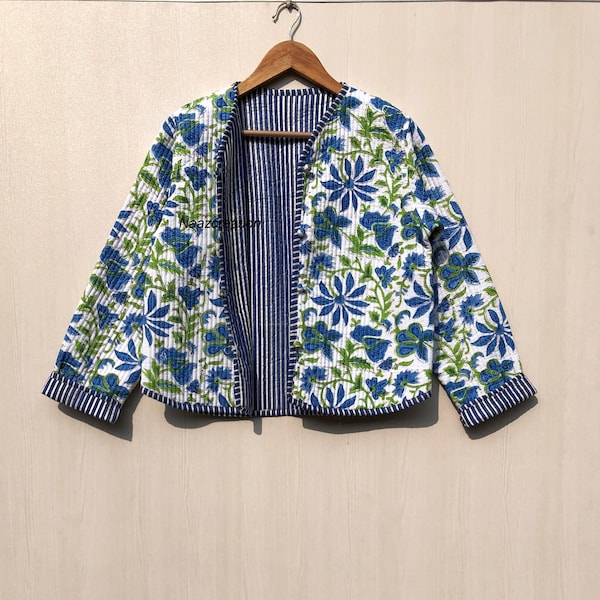 Indian Hand Block Print Fabric Quilted Jacket Short kimono Women Wear New Style white Flower Coat cadeau pour elle.