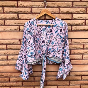 Pink Floral Silk Crop Top: Boho Bell Sleeve Tie Blouse
