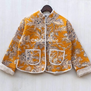 Cotton Women&#39;s Quilted Jacket Block Printed Boho Style Quilted Handmade Jackets, Coat Holidays Gifts Button Closer Jacket for Women Gifts