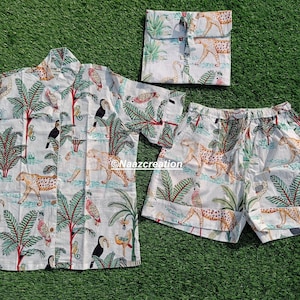 Tiger Print Cotton Pajama Set: Indian Handmade Short PJs
