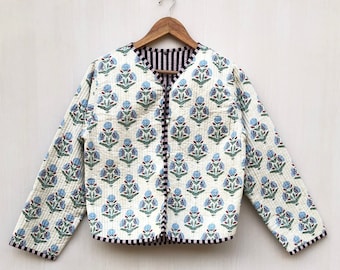 Hand Block Print Quilted Jacket: Short Kimono Style, Floral Coat