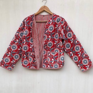 Women&#39;s Cotton Quilted Jacket Block Printed Boho Style Quilted Handmade Jackets, Coat Holidays Gifts Button Closer Jacket for Women Gifts