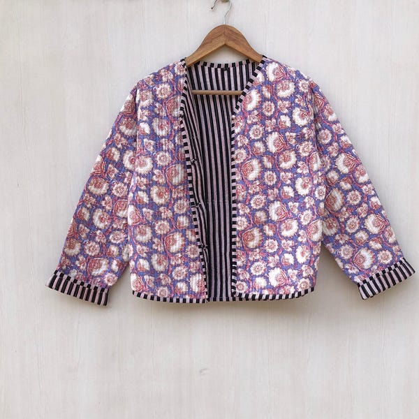 Gewatteerd jack met bloemenblokprint: handgemaakte boho-katoenen jas