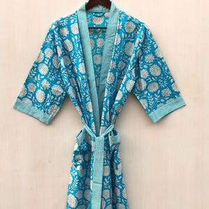 Cotton Kimono Robe: Block Print Paisley Dressing Gown