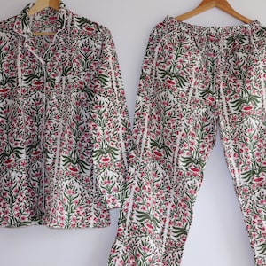 Hand Block Print Pajamas, Floral Pure Cotton Pj&#39;s, Pajamas Set ,Indian Cotton,Night Wear, Soft Cotton Night Suit,Gift for her
