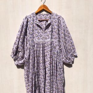 Cotton Gauze Midi Dress: Floral Block Print Bohemian Dress